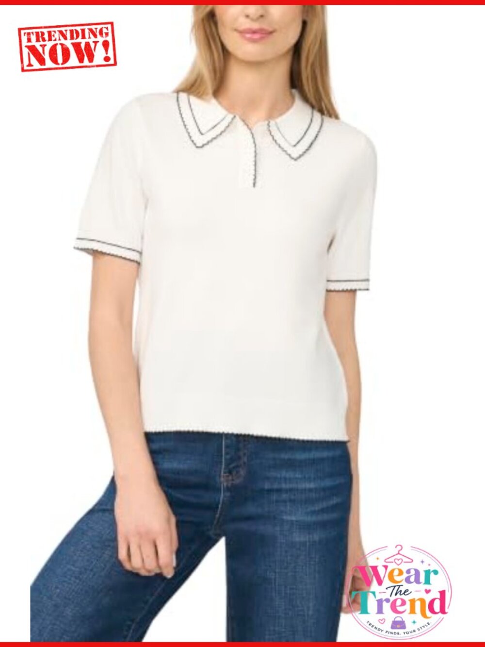 Collared Neck Short Sleeve Polo Sweater Pullover with Contrast Stitching